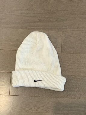 Nike White Knit Beanie with Black Swoosh Logo